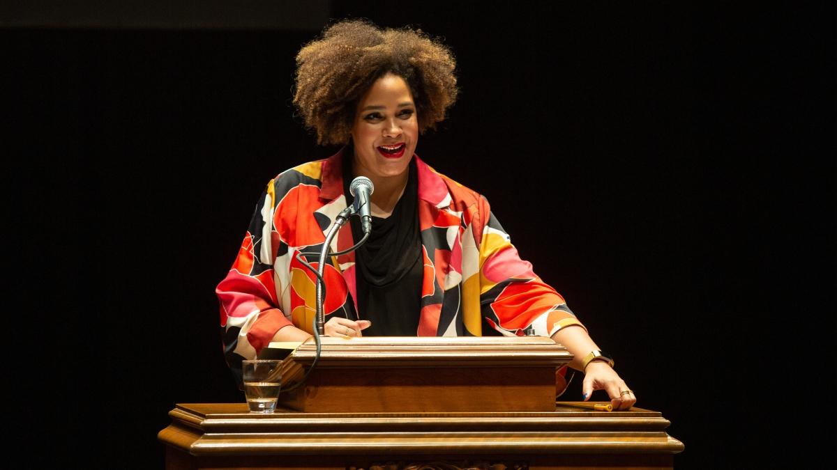 Ijeoma Oluo speaks in Laurie Auditorium